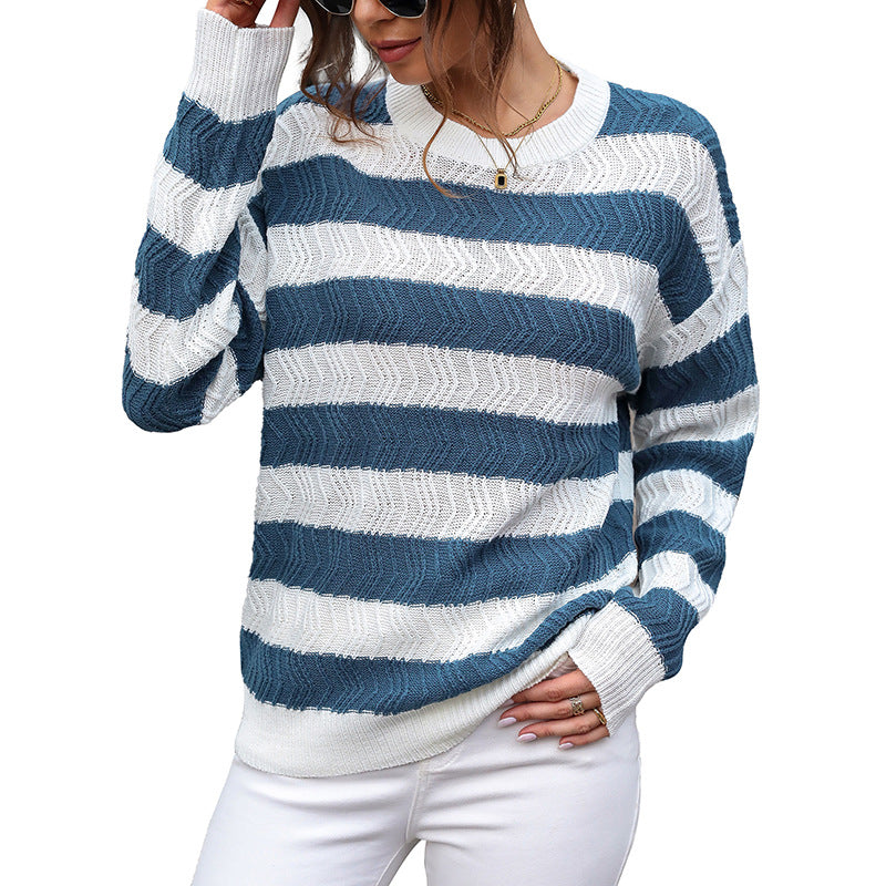 Color-Block Striped Knit Pullover Sweater