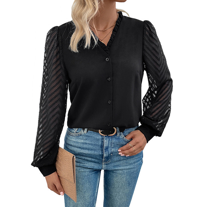 Solid Blouse with Ruffled V-Neck and Patterned Sleeves