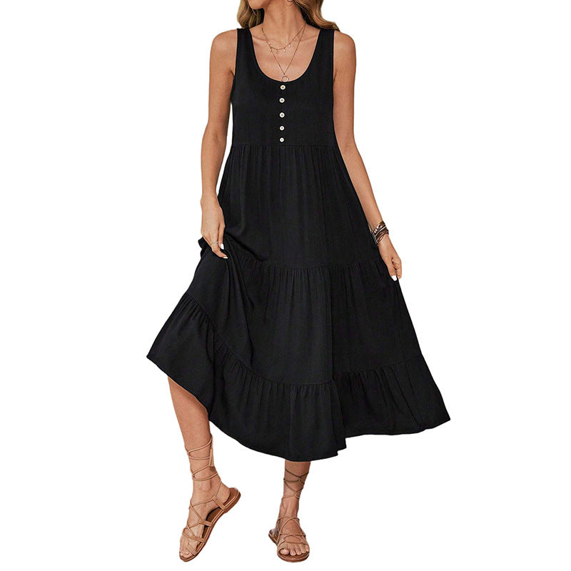 Solid Sleeveless Tiered Midi Dress with Button Front