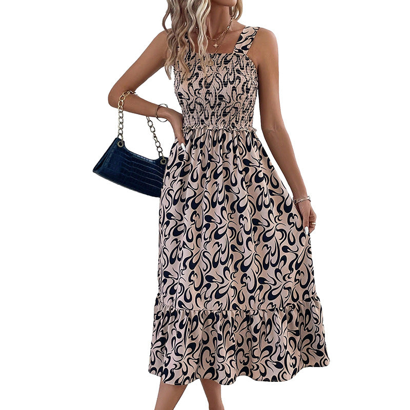Abstract Print A-Line Midi Dress with Ruched Bodice