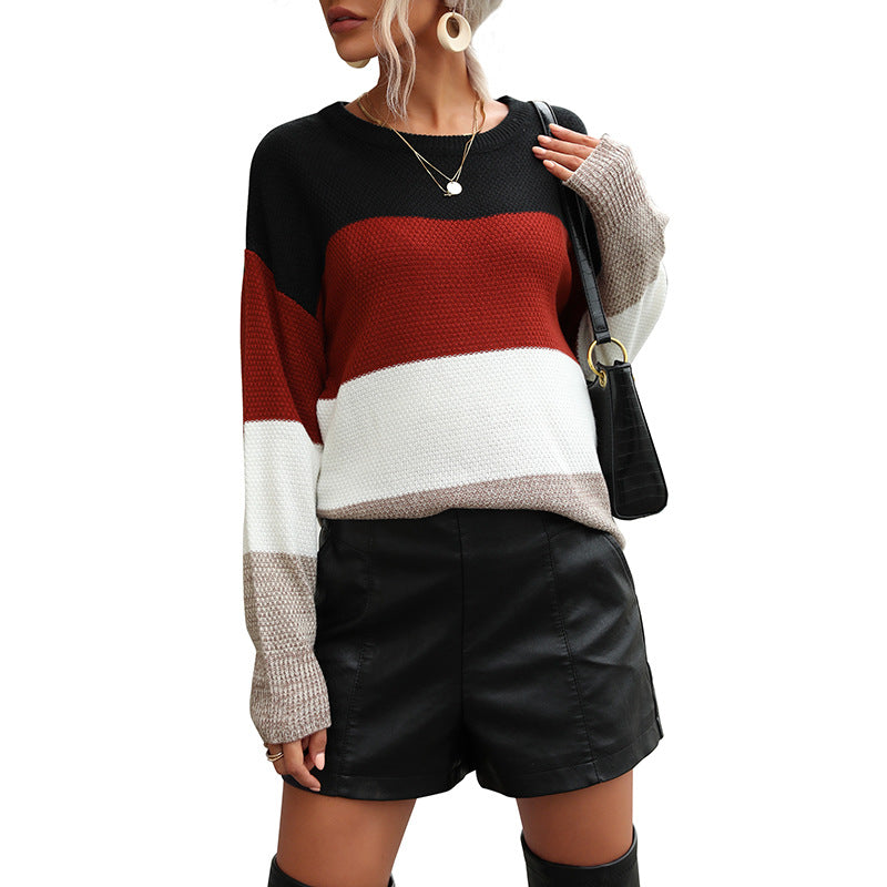 Color-Blocked Sweater Pullover with Crewneck and Long Sleeves