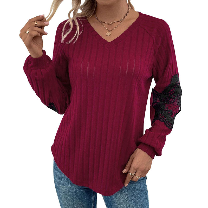 Ribbed Knit Pullover with V-Neck and Lace Raglan Sleeves