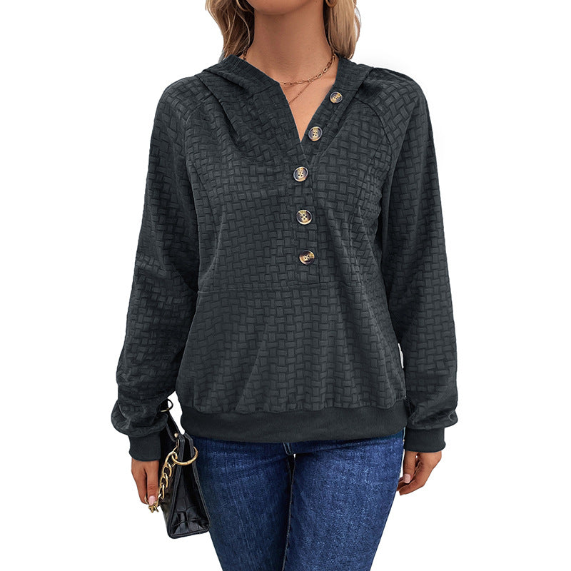 Textured Hoodie with Henley Buttons and Raglan Sleeves