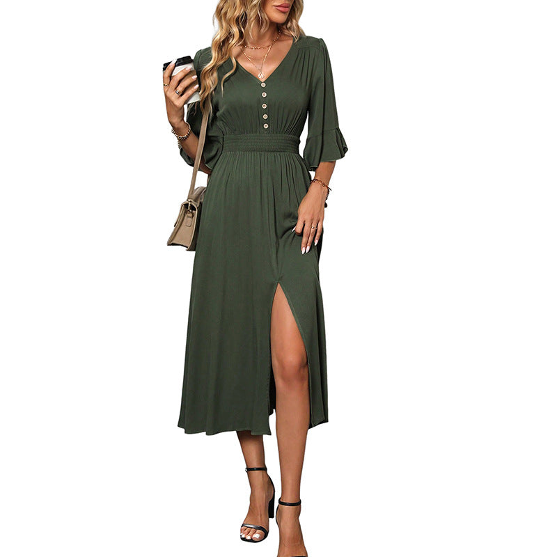 Solid A-Line Midi Dress with V-Neck and Slit