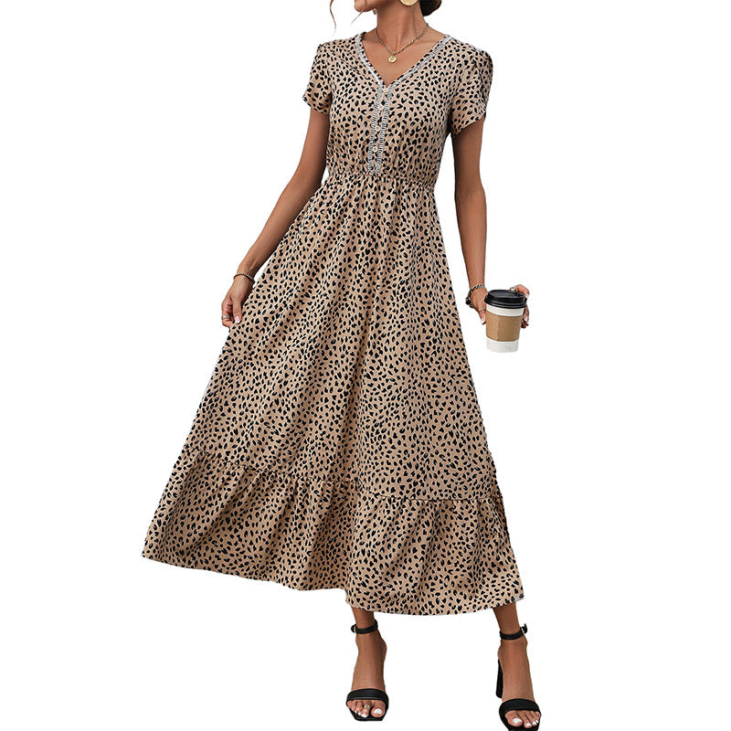 Leopard Print A-Line Midi Dress with V-Neck and Lace Trim
