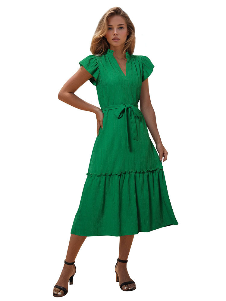 A-Line Midi Dress with Ruffle V-Neck and Tie Waist