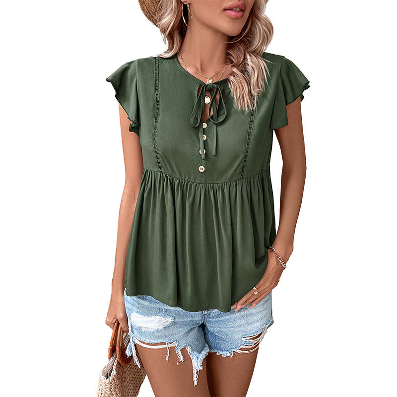 Solid Babydoll Top with Tie-Up V-Neck and Ruffle Sleeves