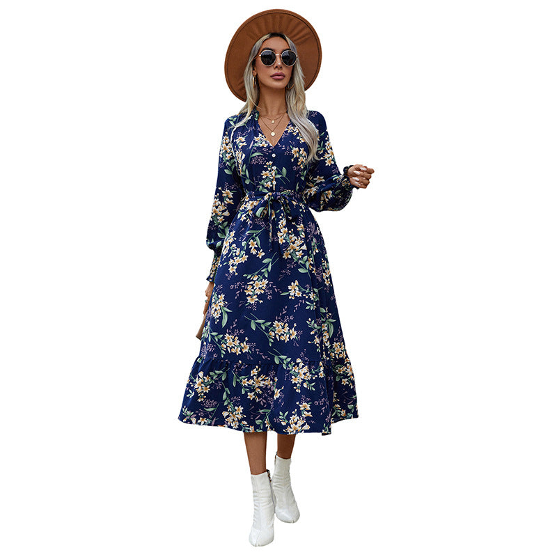 A-Line Floral Midi Dress with V-Neck and Tie-Waist