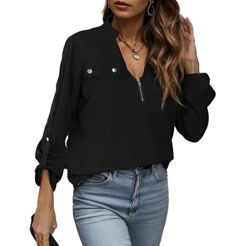 Solid Pullover Blouse with Half-Zip V-Neck and Roll-Up Sleeves