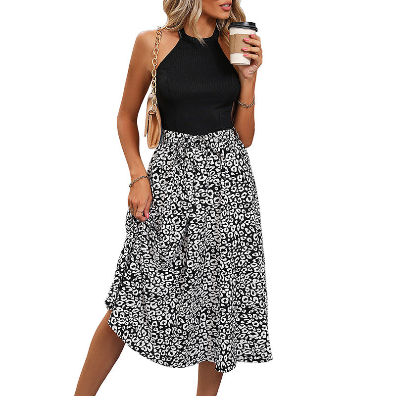 Color-Blocked Dress with Halter Neck and Animal Print Skirt