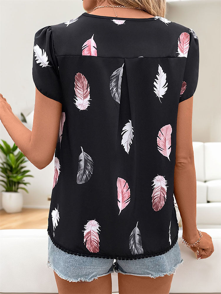 Feather Print Blouse with V-Neck and Puff Sleeves