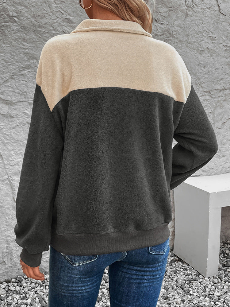 Color Block Fleece Pullover with Half-Button Placket and Stand Collar