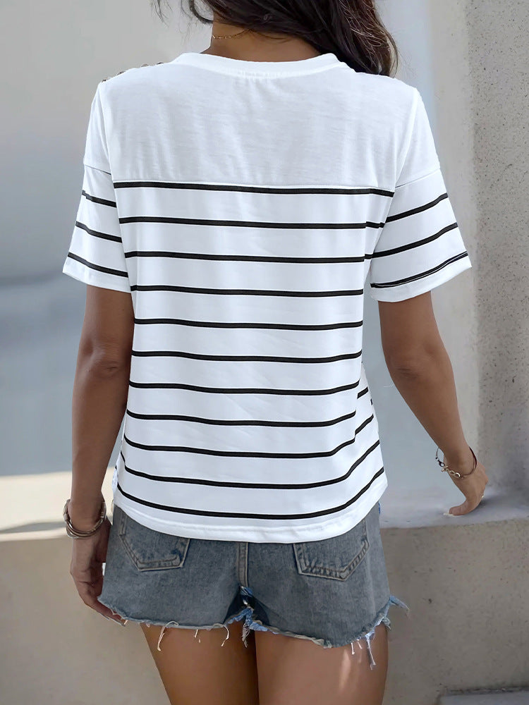 Loose Striped T-Shirt with Shoulder Buttons