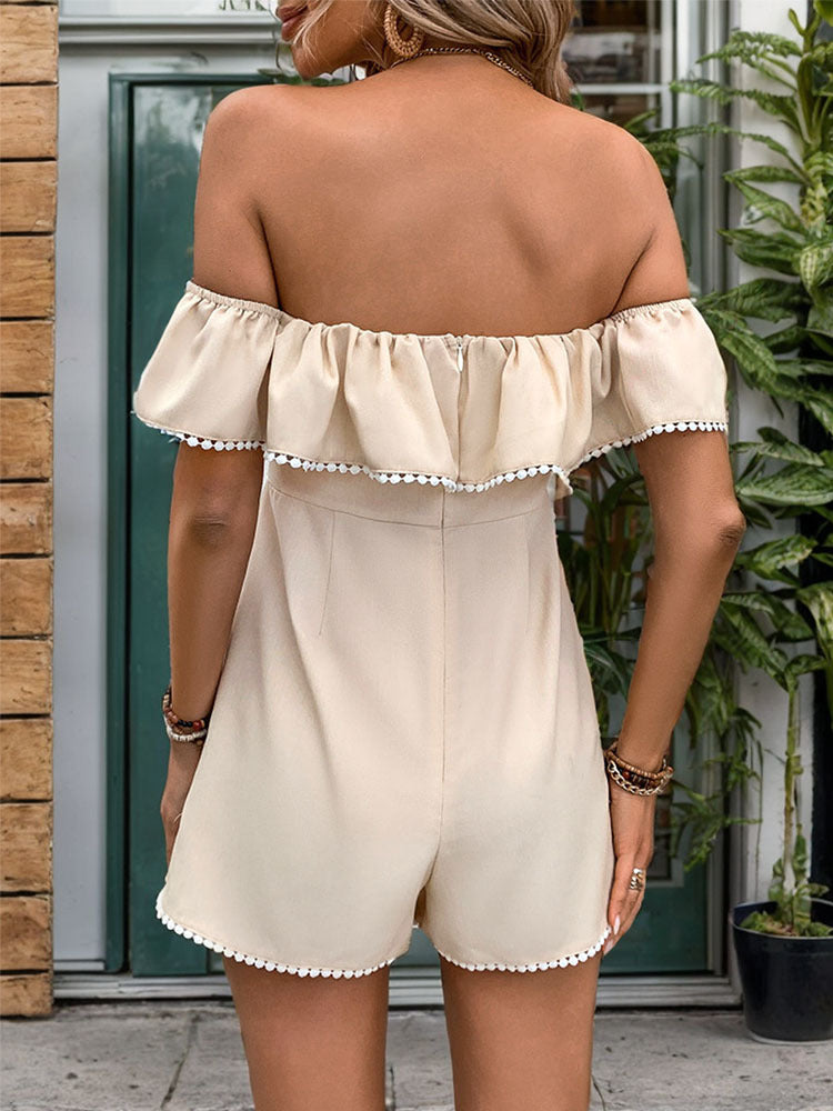 Off-Shoulder Ruffle Romper with Tie-Waist and Scalloped Trim