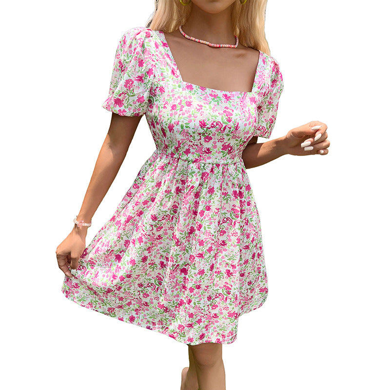 A-Line Floral Print Dress with Square Neck and Puff Sleeves