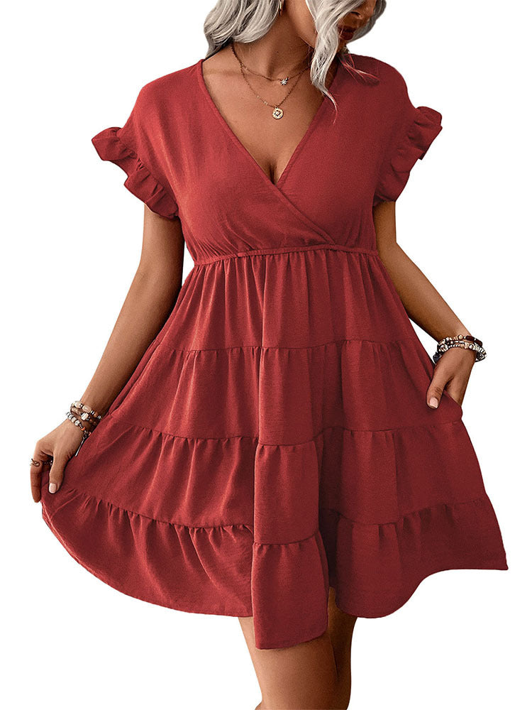 Solid Dress with Wrap V-Neck and Tiered Skirt