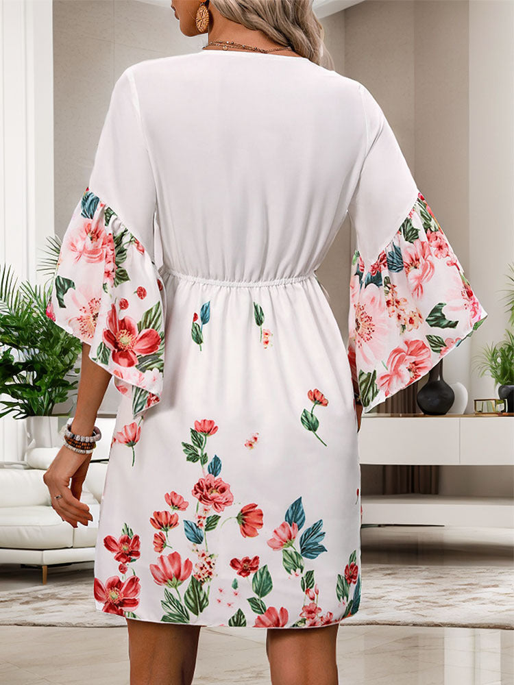 Floral Print Dress with V-Neck and Flared Three-Quarter Sleeves