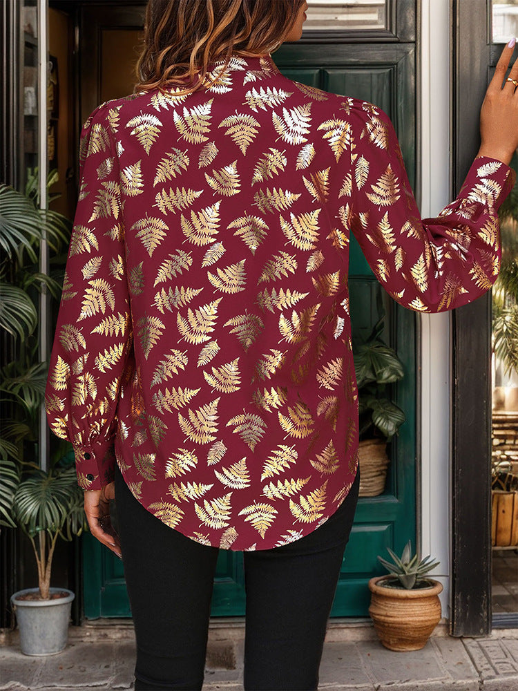 Gold Foil Fern Print Shirt with Stand Collar and Puff Sleeves