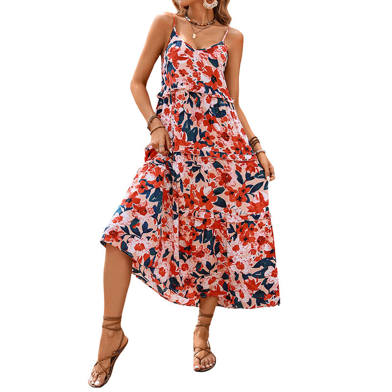 Floral Print A-Line Midi Dress with Spaghetti Straps and Flounce
