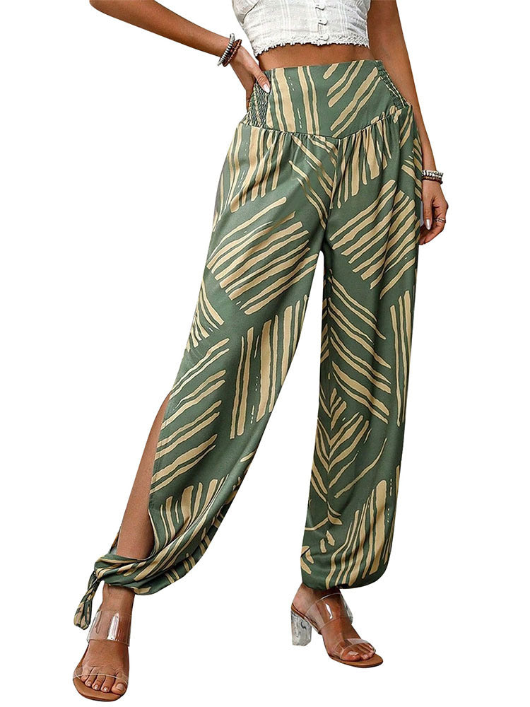 Geometric Print Lantern Pants with Smocked Waist and Side Slits