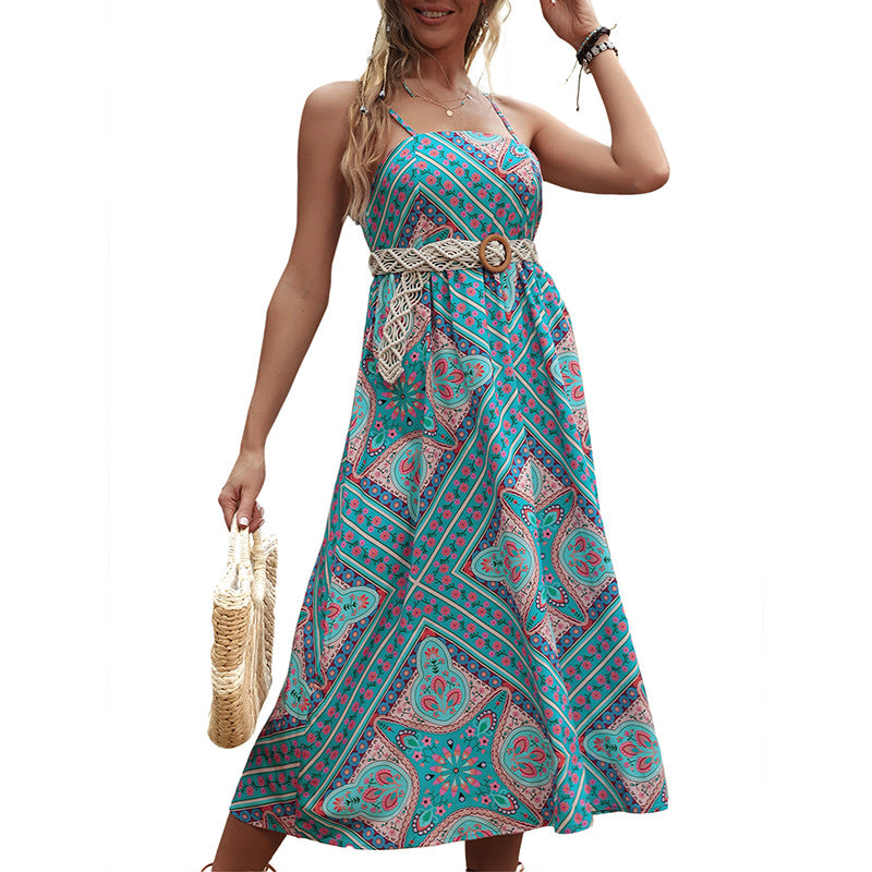 Retro Geometric Print A-Line Camisole Midi Dress
