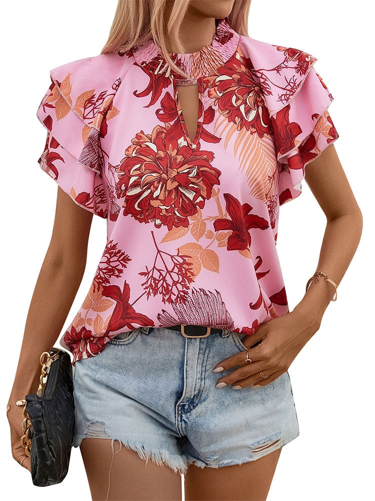 Floral Print Blouse with Tiered Ruffle Sleeves and Keyhole Neck
