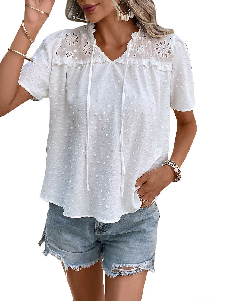 Short Sleeve Blouse with Eyelet Yoke and Tie V-Neck