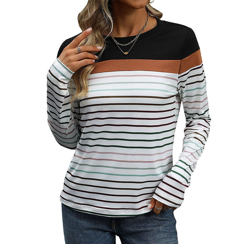 Striped Long-Sleeve Top with Color Block and Crewneck