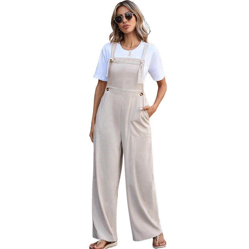 Wide-Leg Corduroy Overalls with Tie Shoulders and Pockets