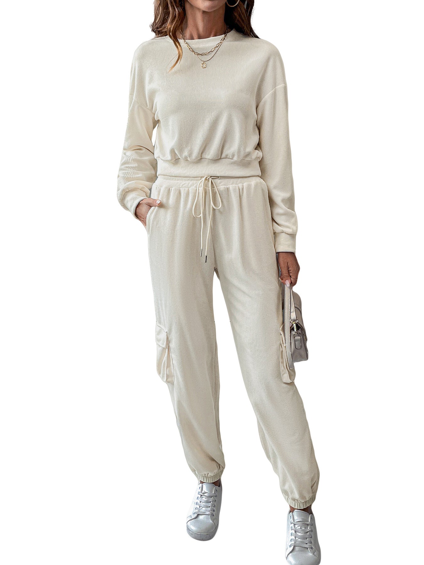 Ribbed Knit Sweatshirt and Jogger Set with Cargo Pockets