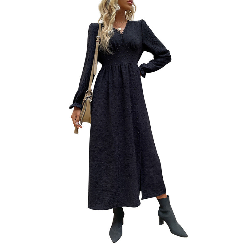 Dotted A-Line Midi Dress with V-Neck and Button Front