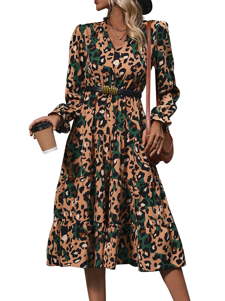 Leopard Print Midi Dress with V-Neck and Tiered Skirt