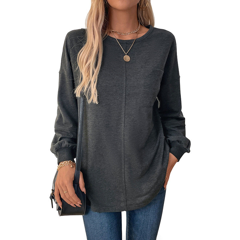 Loose Fit Solid Sweatshirt with Chest Pocket and Gathered Sleeves