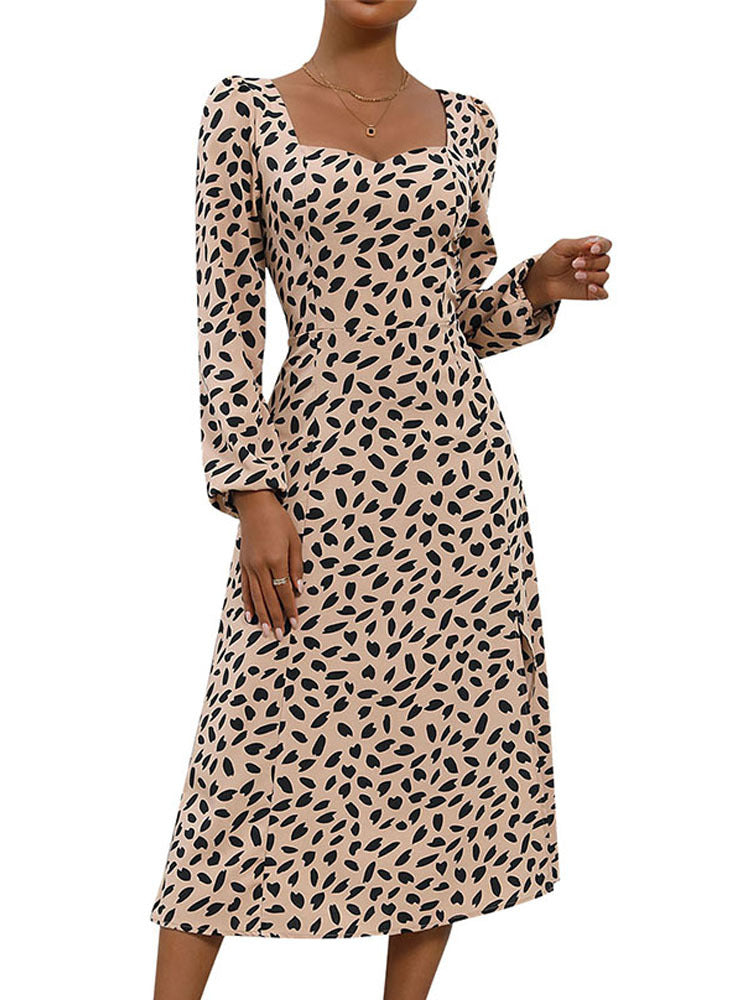 Leopard Print Midi Dress with Square Neck and Slit