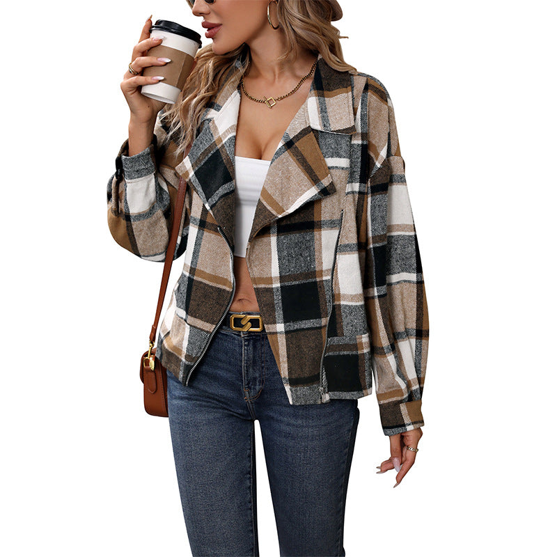Brushed Plaid Jacket with Lapel Collar and Zipper