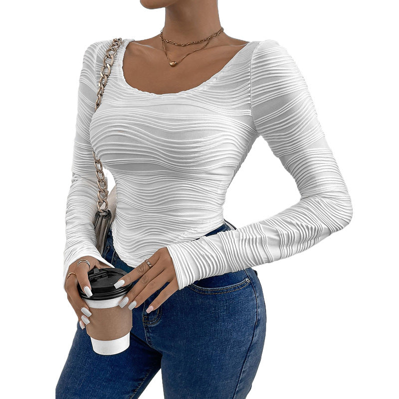 Slim Fit Long-Sleeve Top with Pleated Texture and Curved Hem