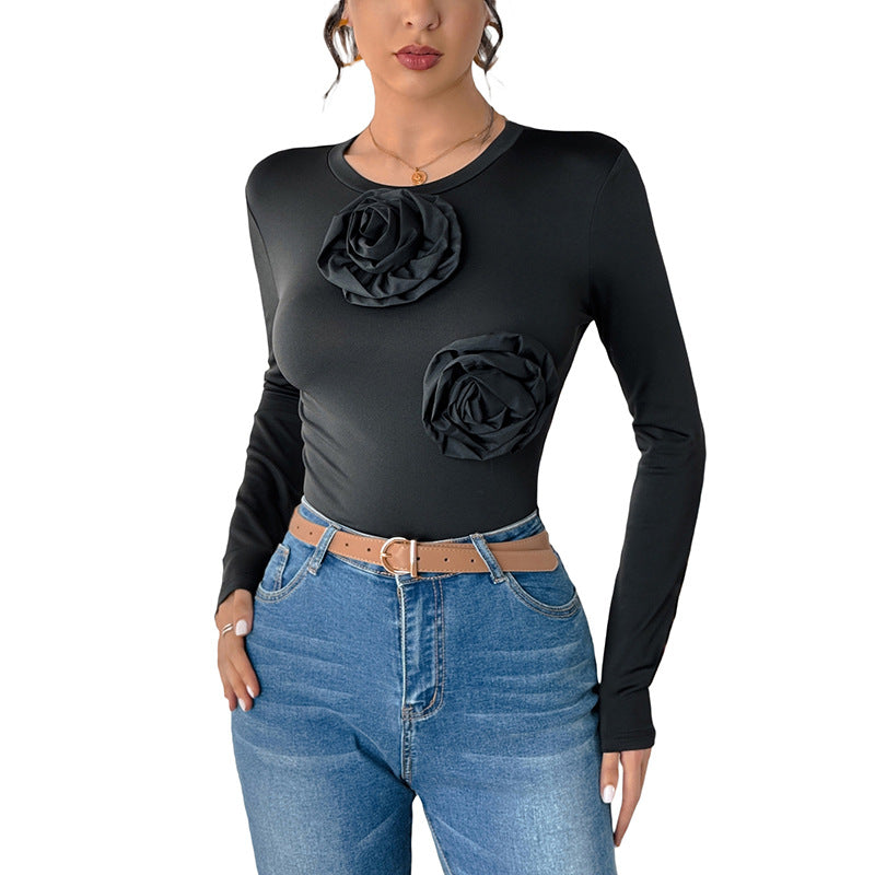 Bodycon Long Sleeve Bodysuit with 3D Flower Appliques