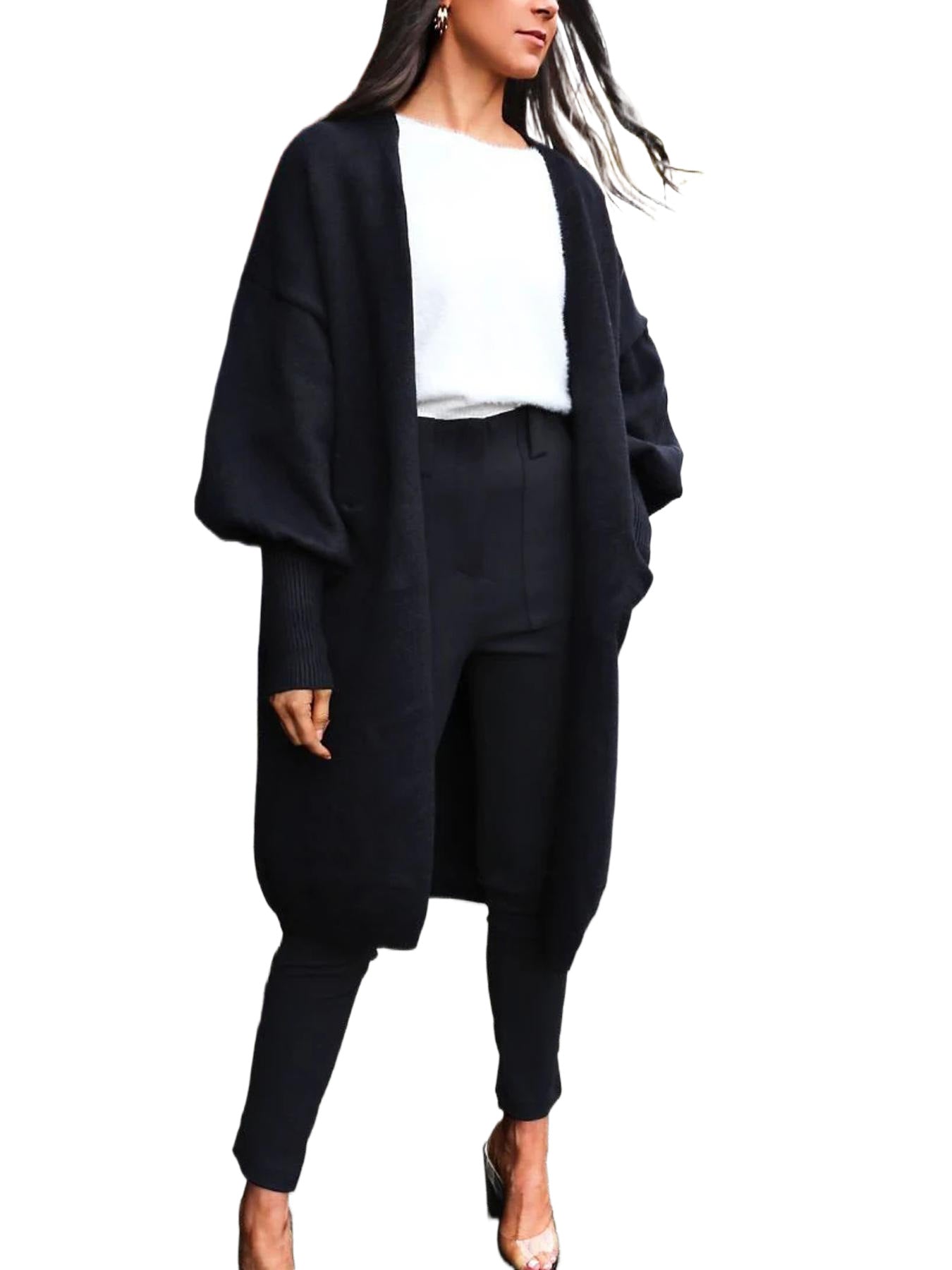 Longline Open-Front Cardigan with Puff Sleeves
