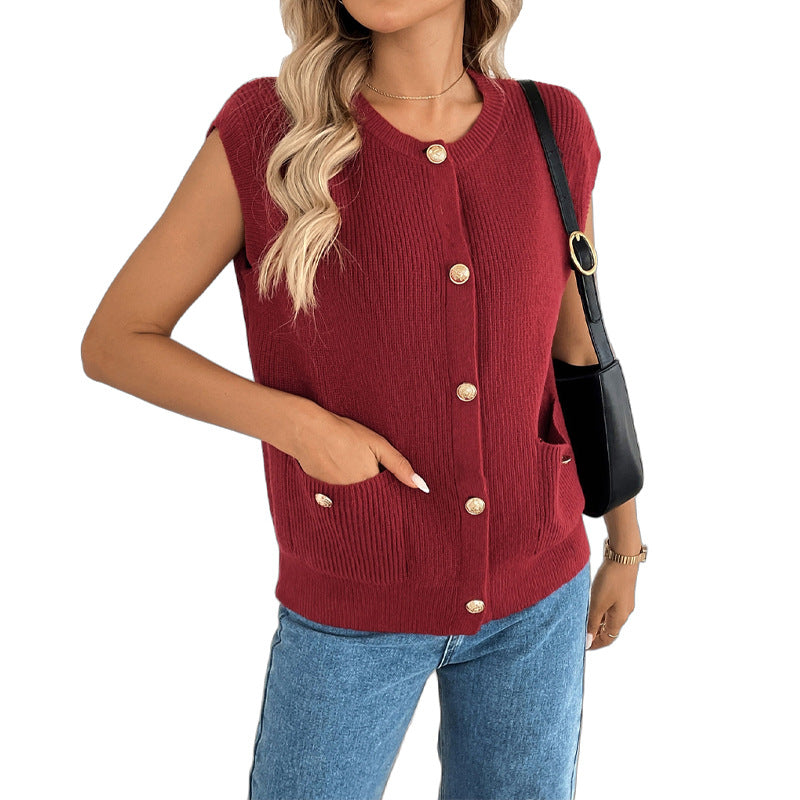 Solid Sleeveless Knit Cardigan with Gold Buttons