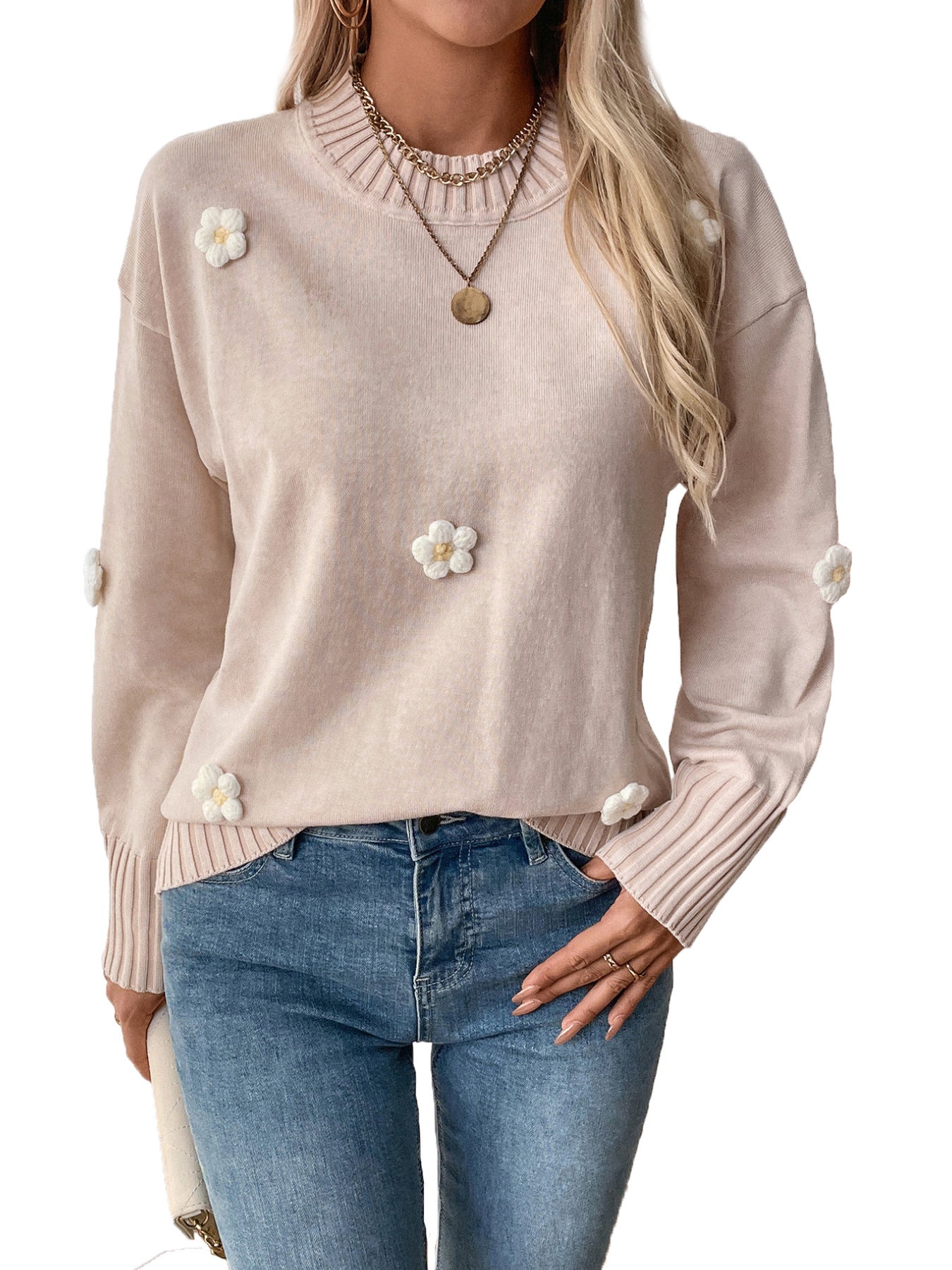 Loose Fit Crew Neck Sweater with Floral Appliqués