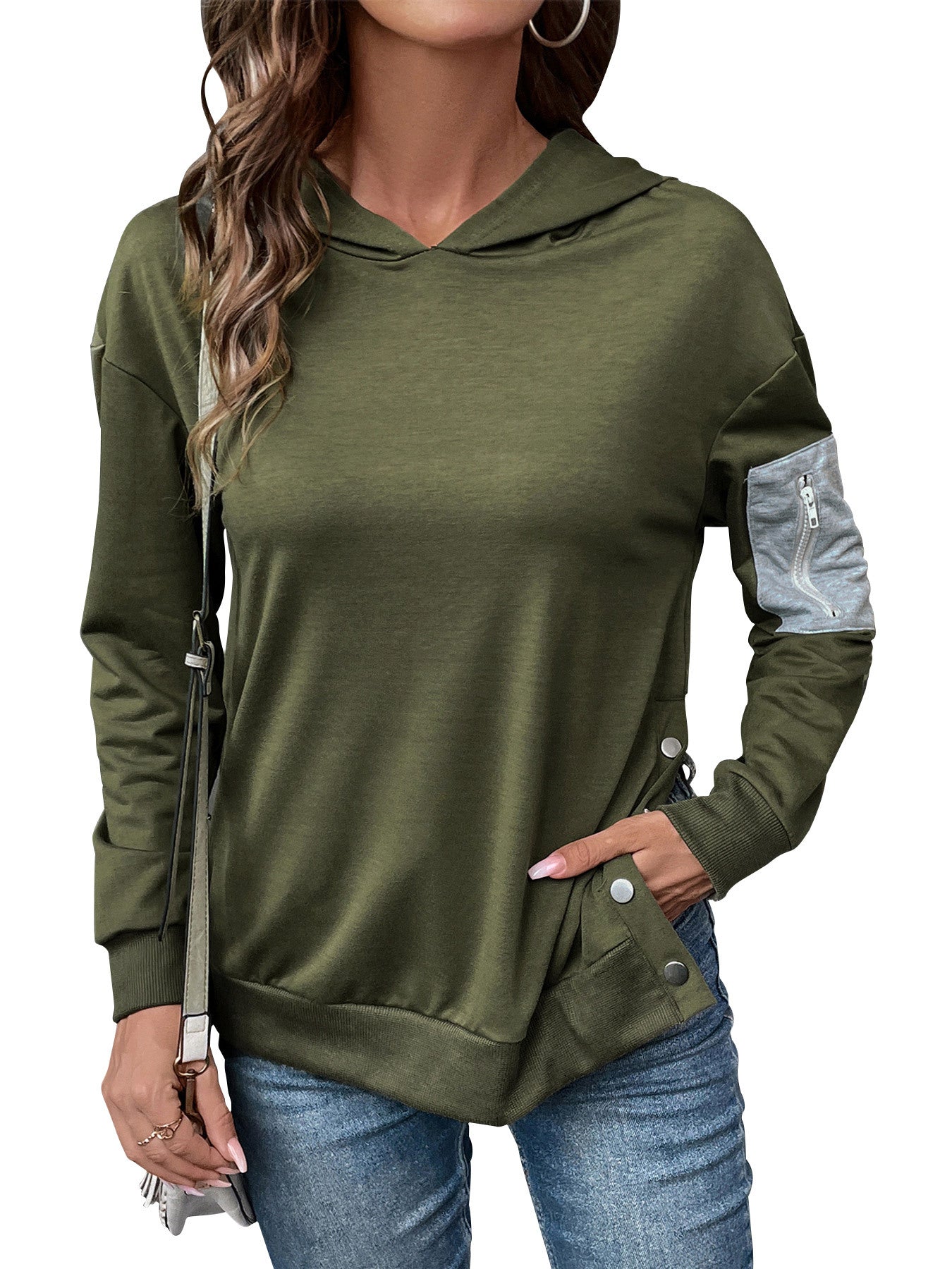 Color-Blocked Hoodie with Zipper Pocket and Side Snaps