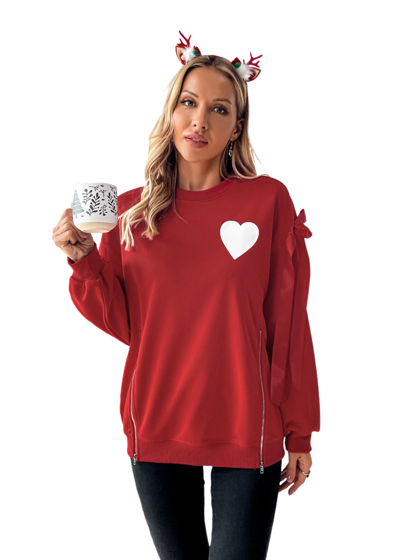Christmas Red Love Heart Sweatshirt with Side Zippers