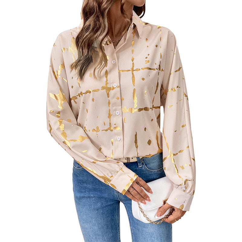 Gold Foil Print Button-Down Shirt with Puff Sleeves