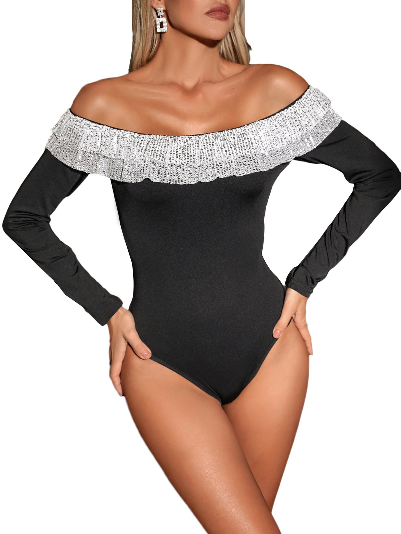Bodycon Bodysuit with Off-Shoulder Ruffle and Sequins
