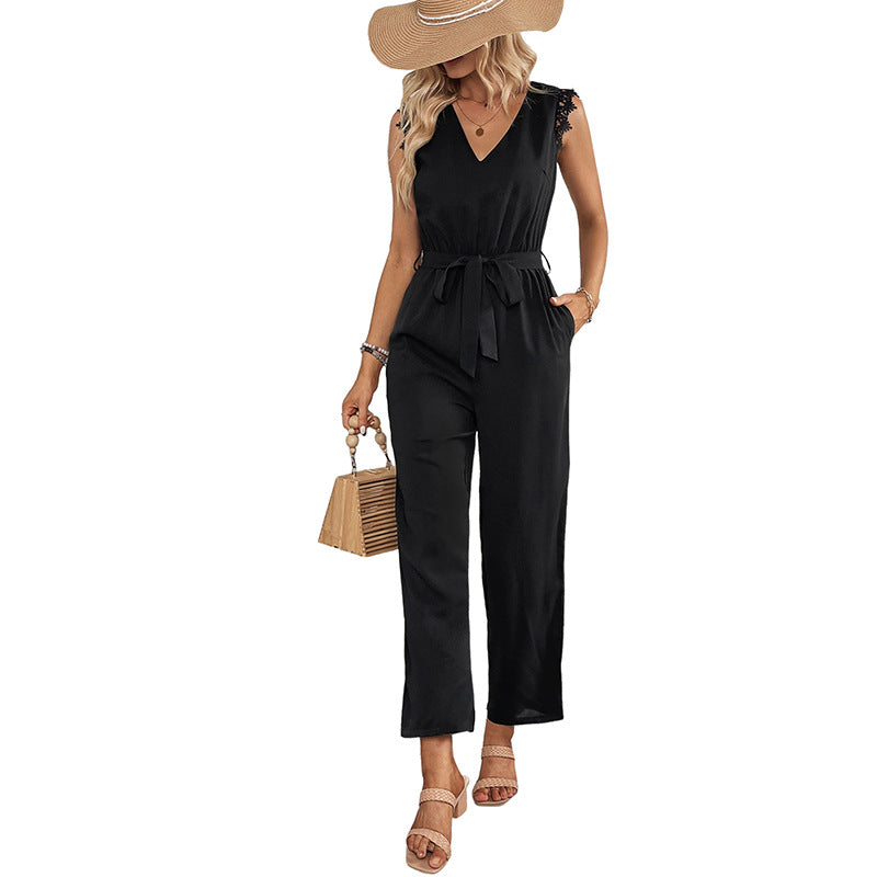 Straight-Leg Jumpsuit with V-Neck and Lace Trim