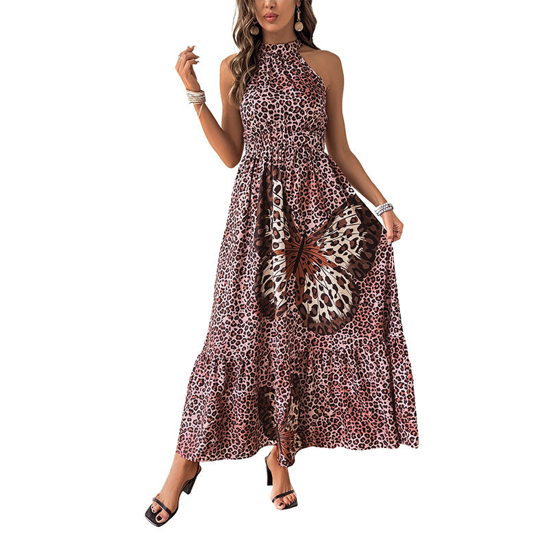 Leopard Print A-Line Maxi Dress with Halter Neck and Butterfly Graphic