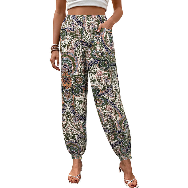 Paisley Print Loose Lantern Pants with Elastic Waist and Cuffs