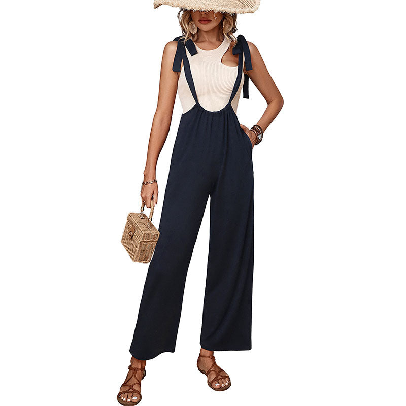 High-Waist Wide-Leg Overalls with Tie-Shoulder Straps