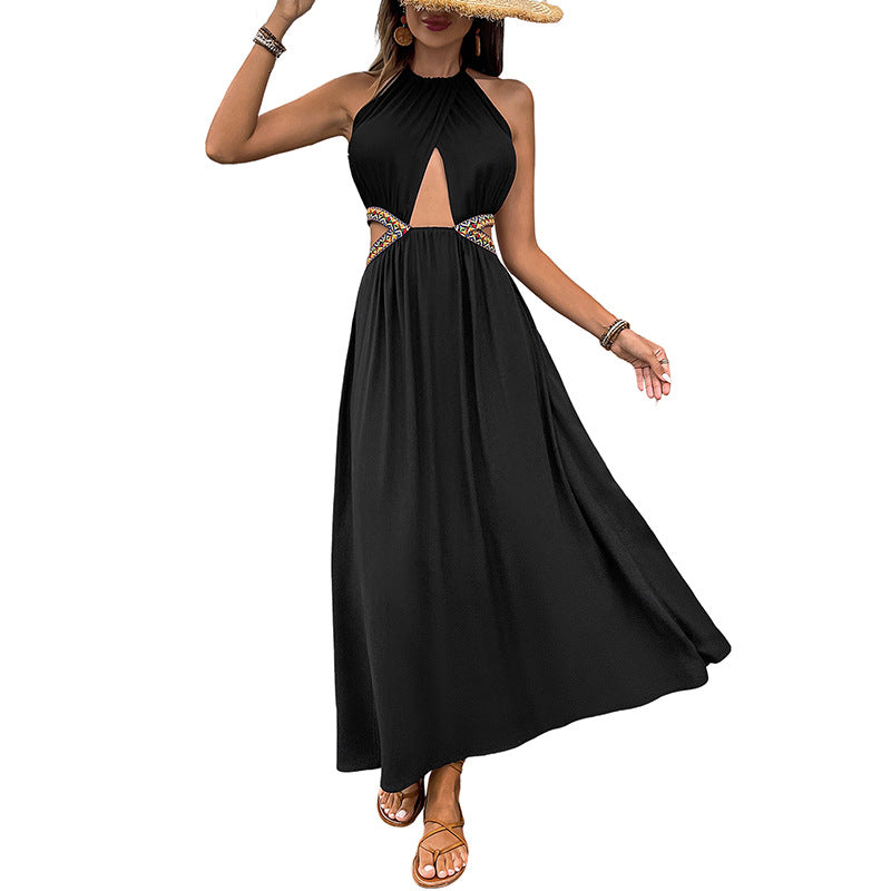 Halter Neck Maxi Dress with Cut-Out Waist and Ethnic Ribbon Trim