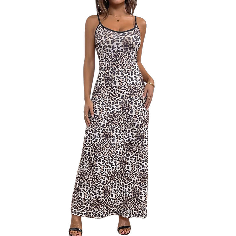 Fitted Leopard Print Maxi Slip Dress with V-Neck